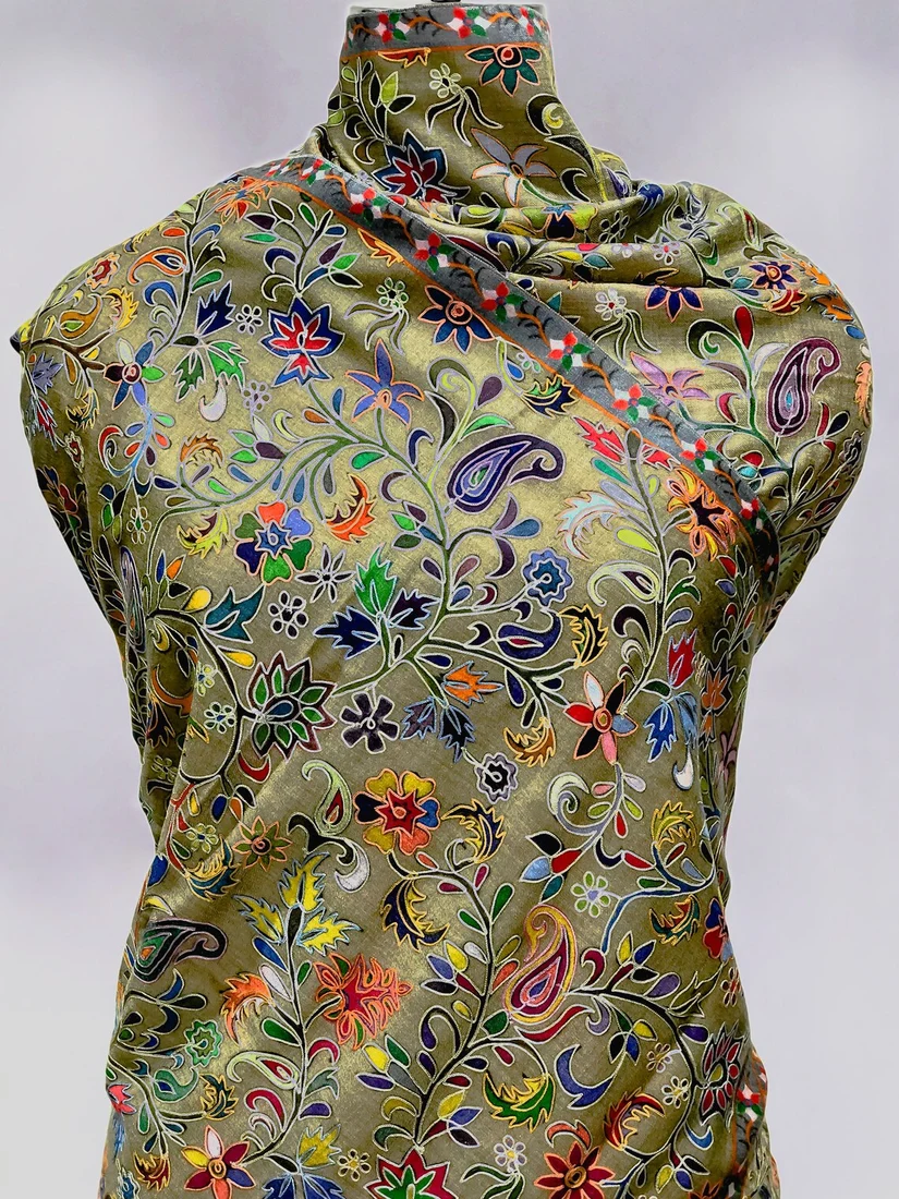 Olive Green Wool Floral Kalamkari Scarf close up Olive Green Wool Floral Kalamkari Scarf close up