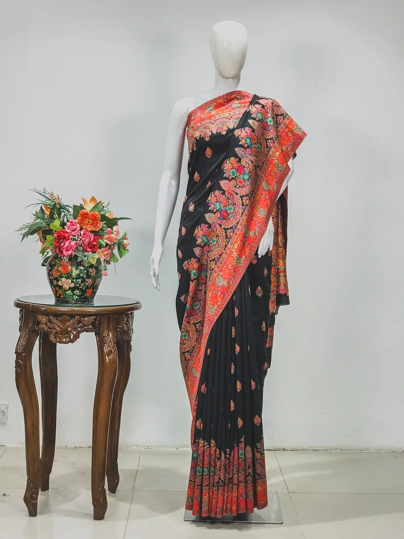 Black Modal Silk Kani Saree with Floral Pallu Design