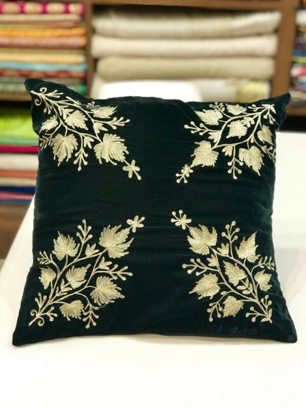 Bottle Green Zari Embroidered Kashmiri Cushion Covers Front