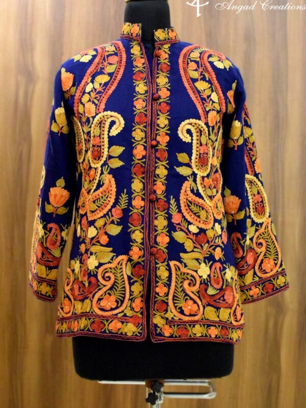 Blue Kashmiri Short Jacket With Paisley Embroidery Front