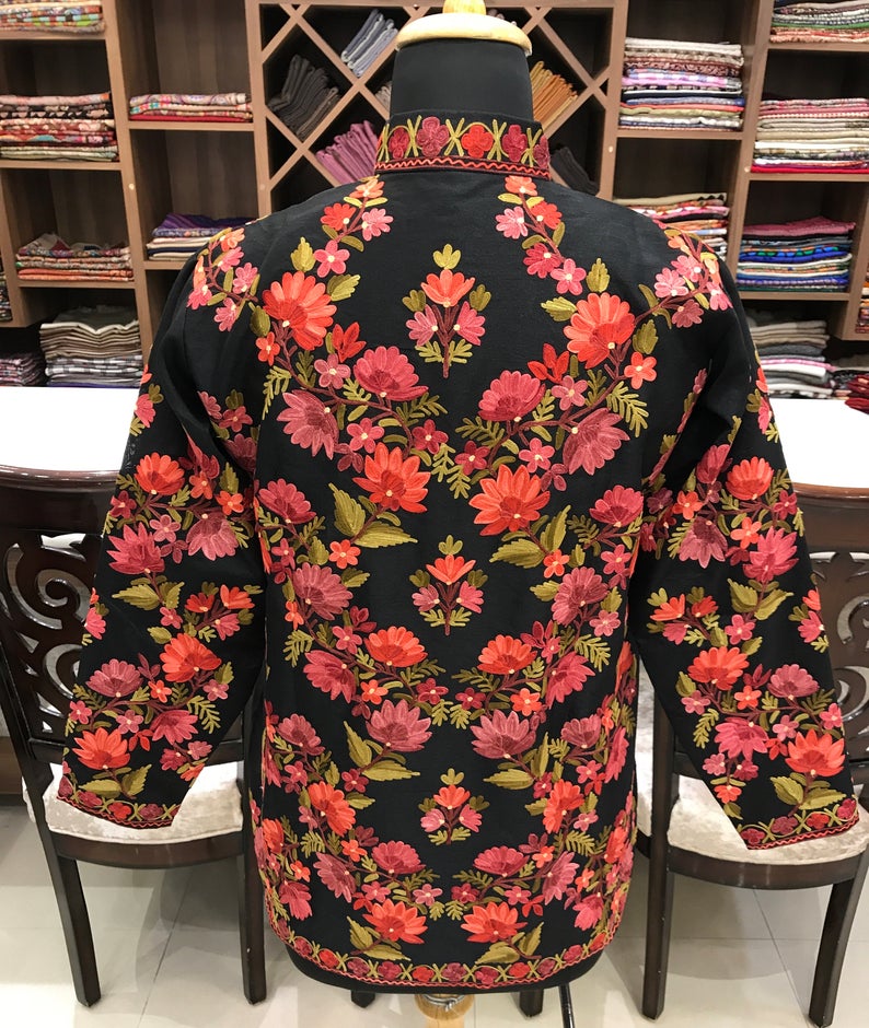 Black Short Jacket With Floral Kashmiri Pattern Embroidery Back