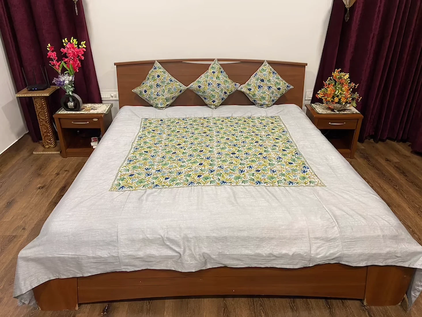 Grey Raw Silk Bed Cover with Kashida Floral Aari Embroidery