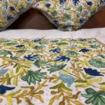 Grey Raw Silk Bed Cover with Kashida Floral Aari Embroidery close up