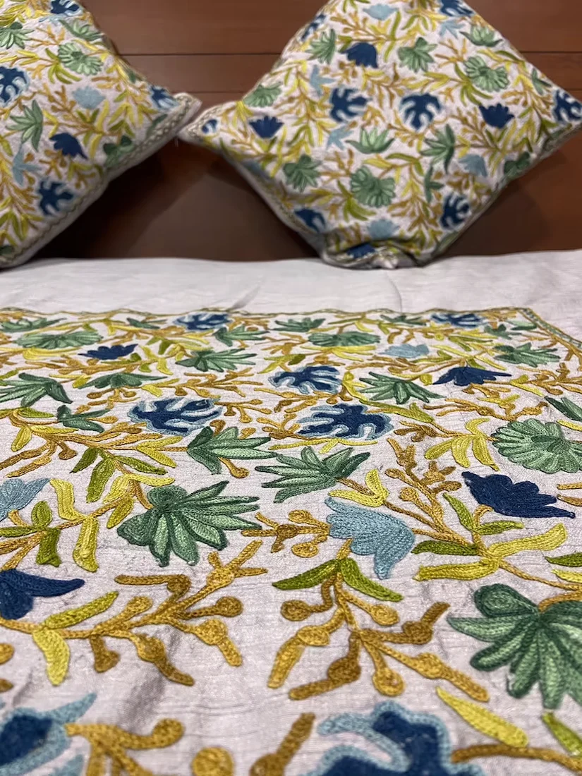 Grey Raw Silk Bed Cover with Kashida Floral Aari Embroidery close up