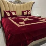 Maroon Velvet Bed Cover with Kashmiri Tilla Embroidery: Chinaar Ambi Border
