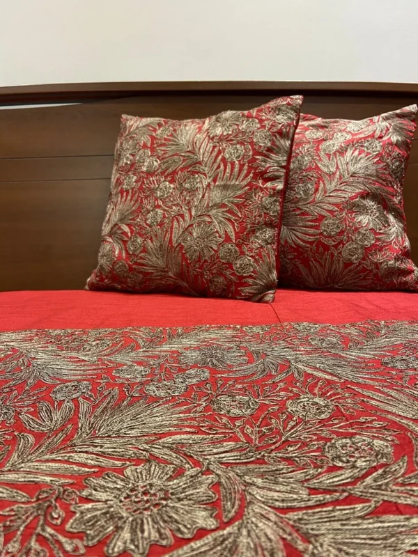 Red Raw Silk Bed Cover with Silk Thread Barfi Embroidery