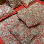 Red Raw Silk Bed Cover with Silk Thread Barfi Embroidery close up