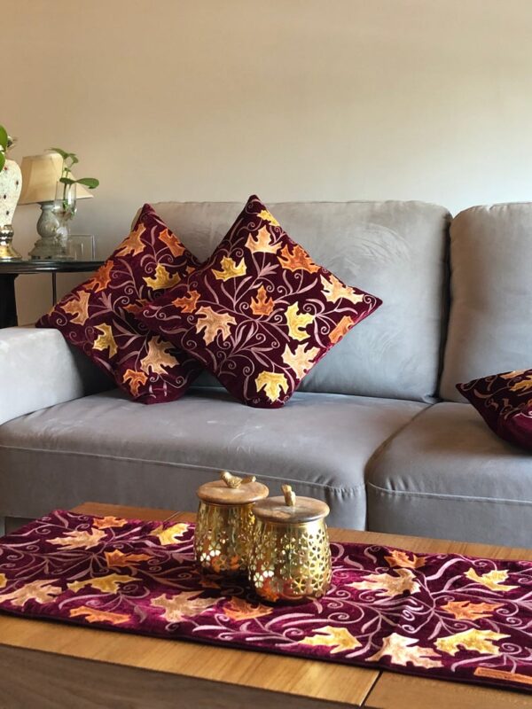 Maroon Velvet Table Runner and 4 Cushion Covers Set with Maple Leaf Embroidery