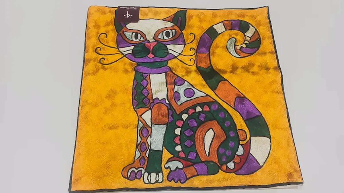 Hand Chain Stitch Kitty Design Abstract Face Cushion Covers flat