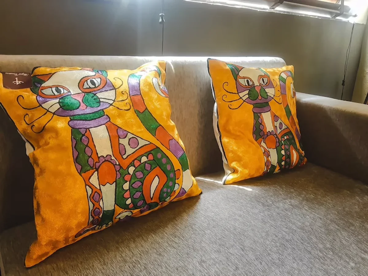 Hand Chain Stitch Kitty Design Abstract Face Cushion Covers close up