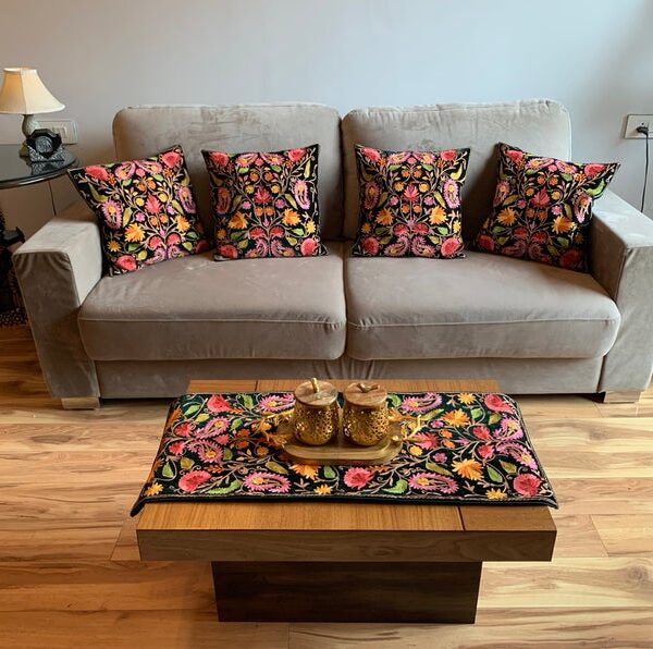 Bottle Green Velvet Table Runner and 4 Cushion Covers Set with Kashmiri Aari Jaal Embroidery