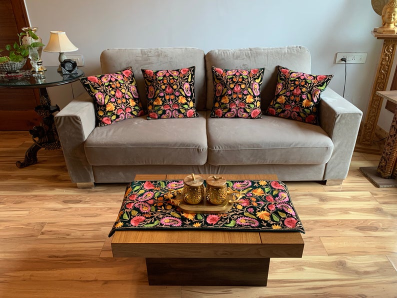 Bottle Green Velvet Table Runner and 4 Cushion Covers Set with Kashmiri Aari Jaal Embroidery