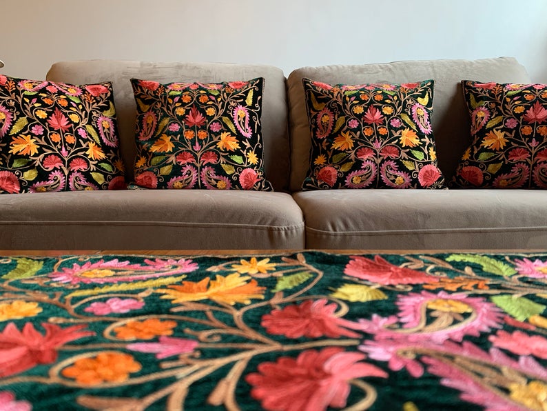 Bottle Green Velvet Table Runner and 4 Cushion Covers Set with Kashmiri Aari Jaal Embroidery