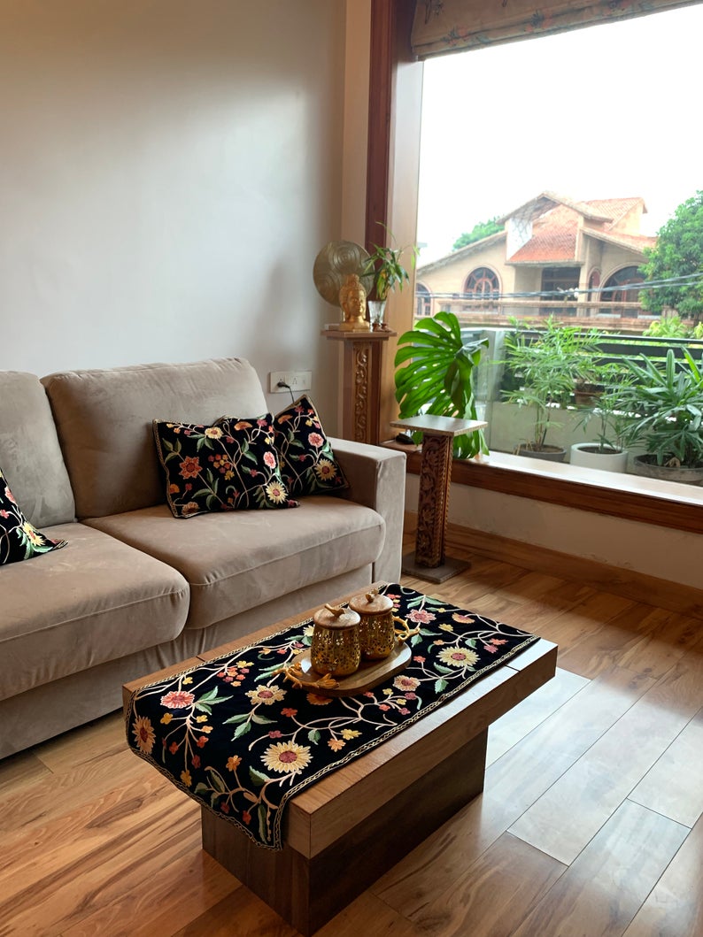 Navy Blue Velvet Table Runner and 4 Cushion Covers Set with Floral Pattern Embroidery