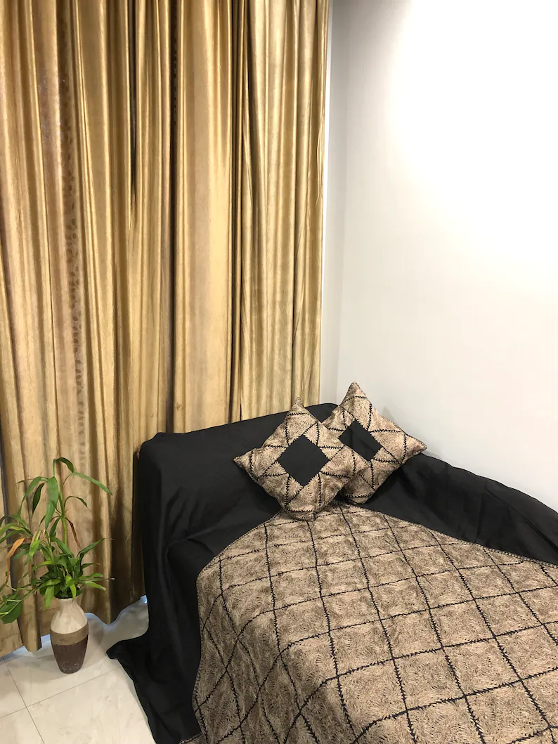 Black Raw Silk Bed Cover with Silk Thread Barfi Embroidery Black Raw Silk Bed Cover with Silk Thread Barfi Embroidery