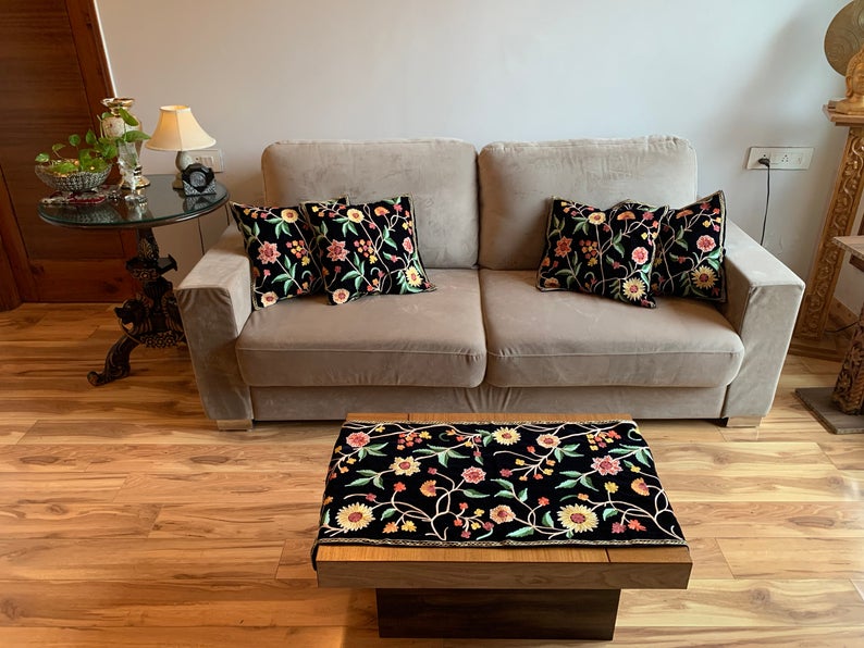 Navy Blue Velvet Table Runner and 4 Cushion Covers Set with Floral Pattern Embroidery