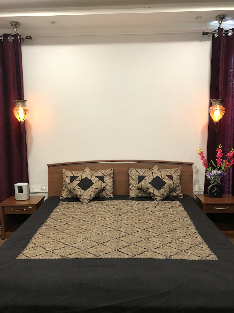 Black Raw Silk Bed Cover with Silk Thread Barfi Embroidery Black Raw Silk Bed Cover with Silk Thread Barfi Embroidery