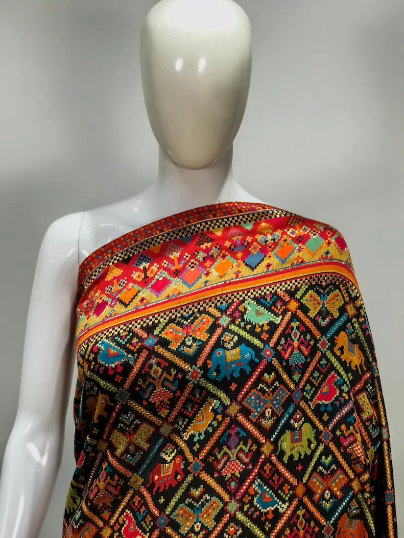 Black Modal Silk Kani Saree with Diamond Pattern Kani Design close up