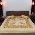 Beige Raw Silk Bed Cover with Chinar Pattern Aari Embroidery