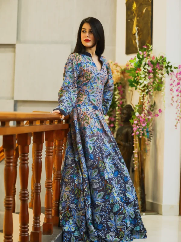 Peach Grey Ombre Flared Dress with Fusion Embroidery