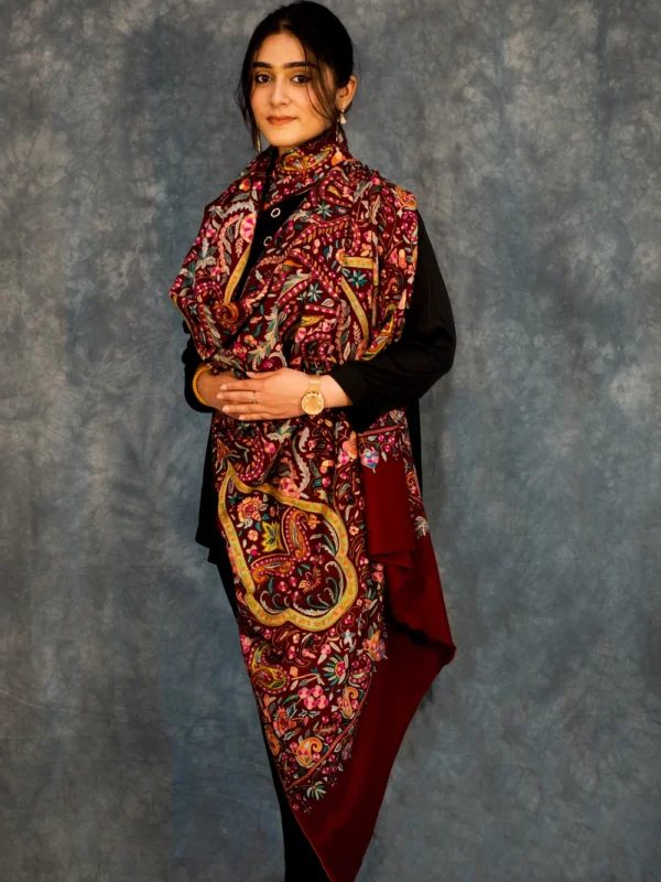 Maroon Papier Mache Hand Embroidered Pure Pashmina Shawl
