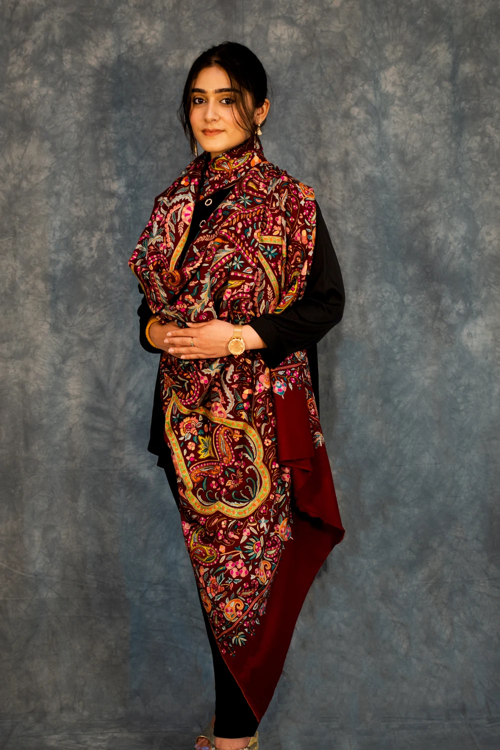 Maroon Papier Mache Hand Embroidered Pure Pashmina Shawl Maroon Papier Mache Hand Embroidered Pure Pashmina Shawl