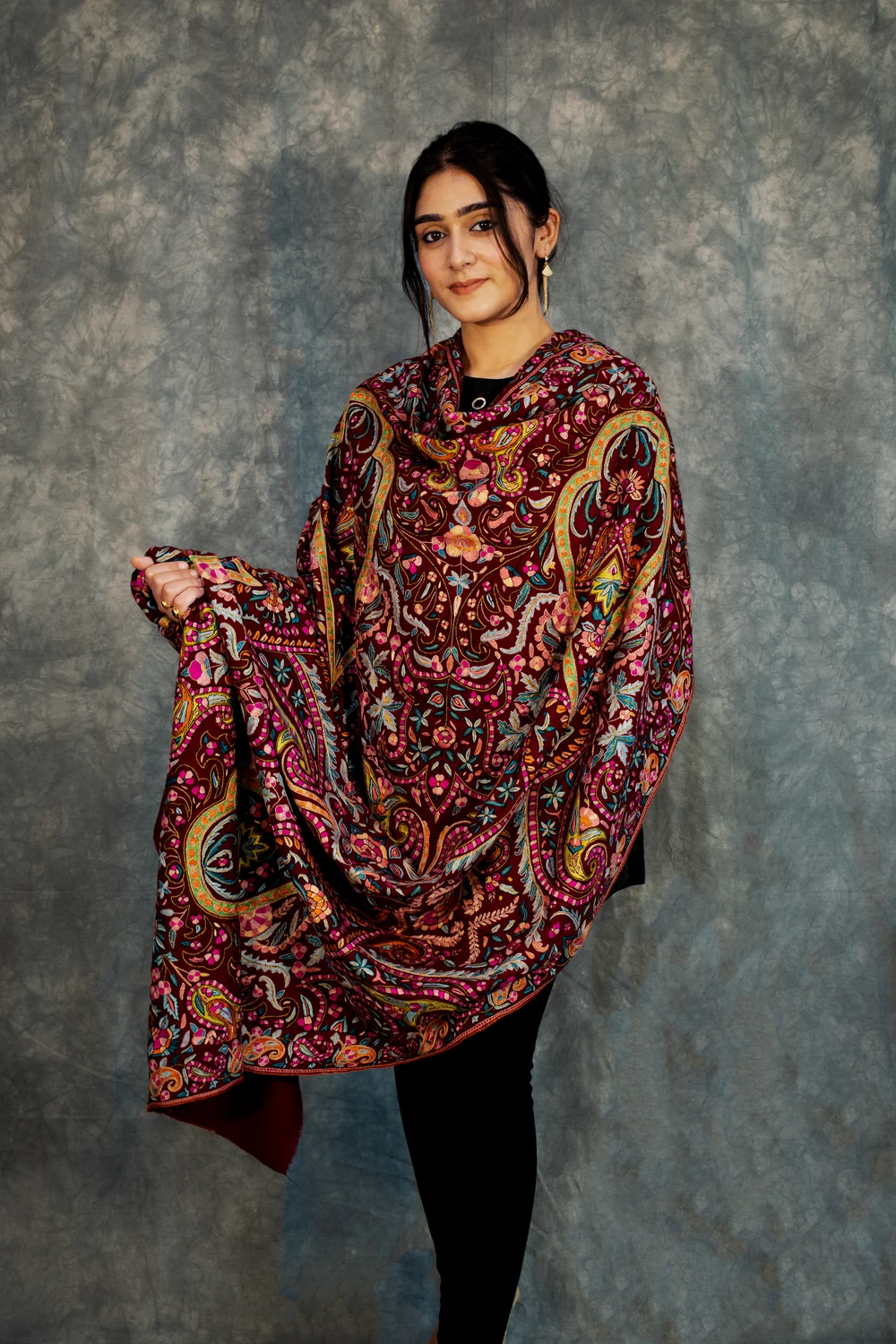 Maroon Papier Mache Hand Embroidered Pure Pashmina Shawl Front Maroon Papier Mache Hand Embroidered Pure Pashmina Shawl Front