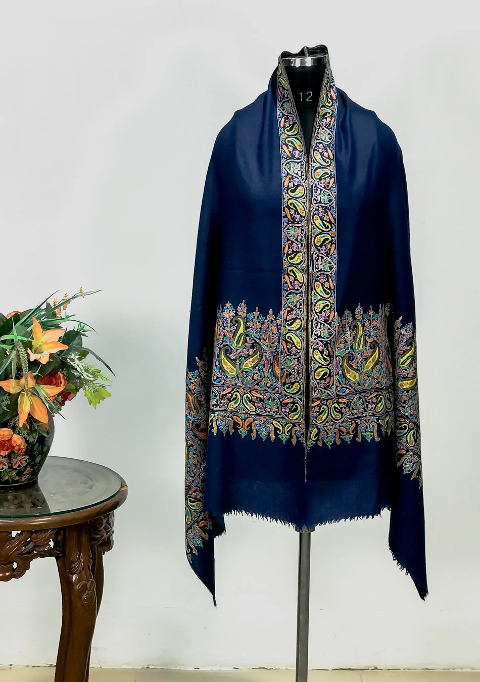 Navy Blue Papier Mache Paisley Palla Pure Pashmina Stole