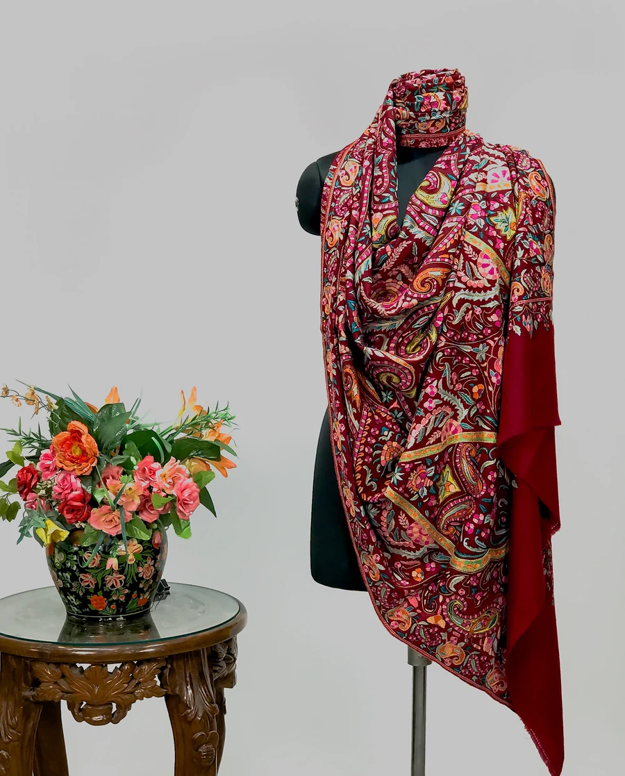 Maroon Papier Mache Hand Embroidered Pure Pashmina Shawl Maroon Papier Mache Hand Embroidered Pure Pashmina Shawl