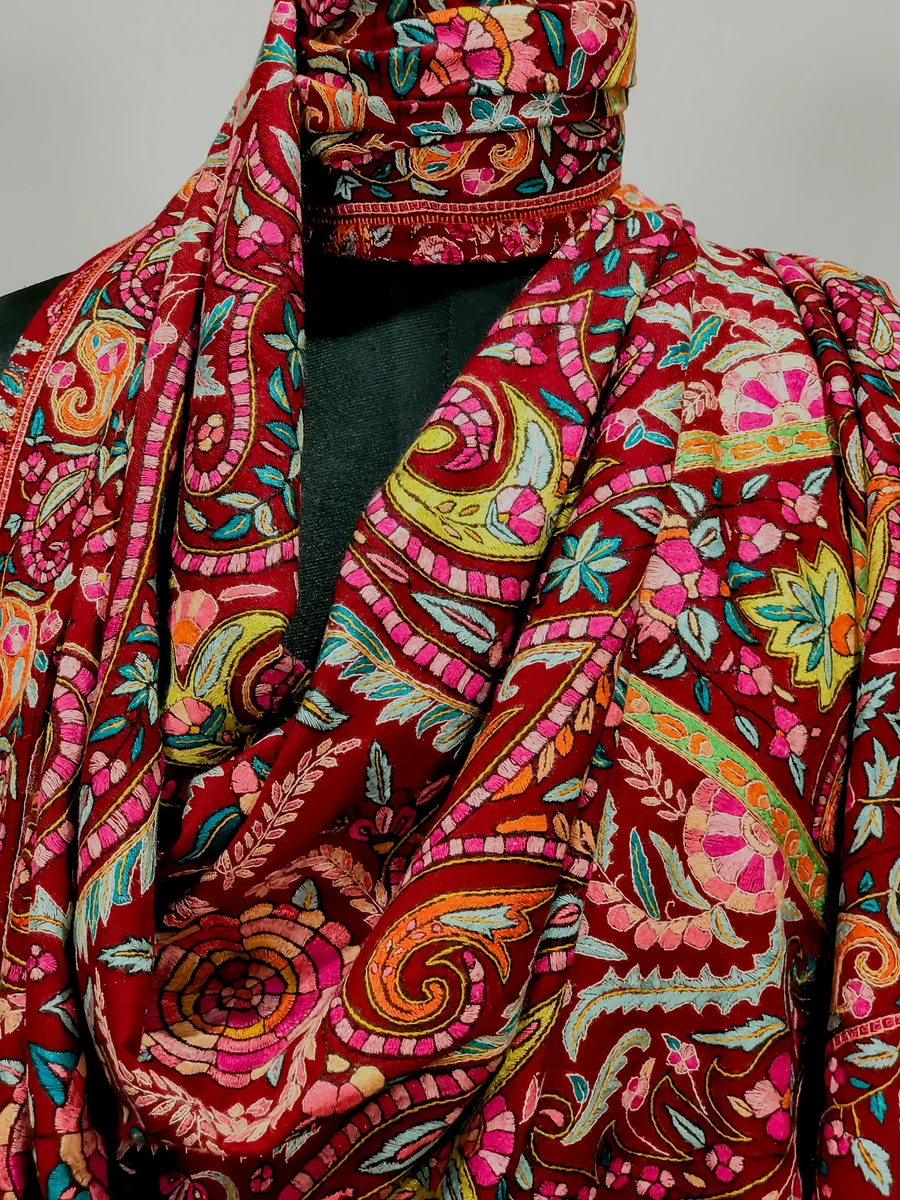 Maroon Papier Mache Hand Embroidered Pure Pashmina Shawl close up Maroon Papier Mache Hand Embroidered Pure Pashmina Shawl close up