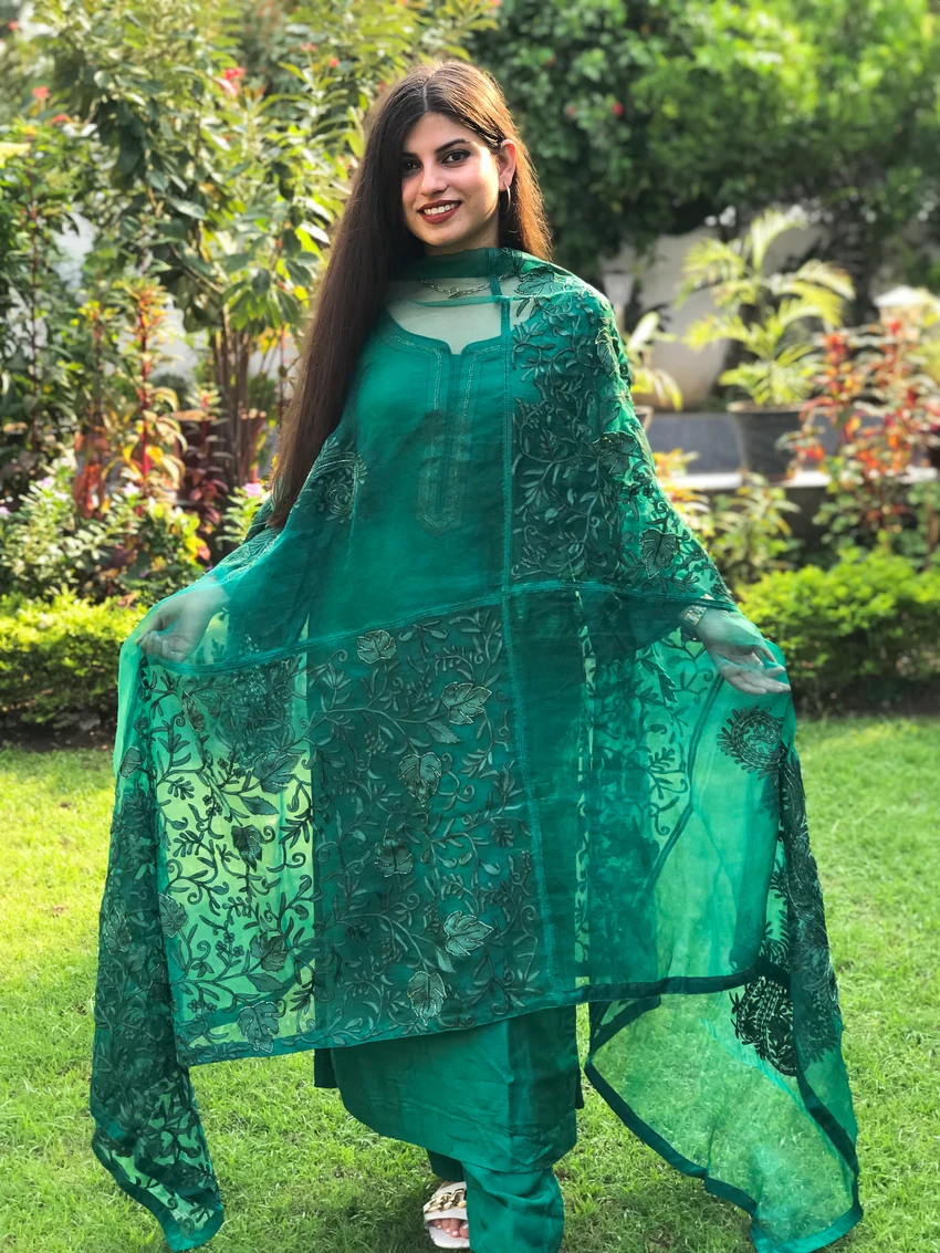Kashmiri Salwar Suit with Jaal Work Organza Dupatta