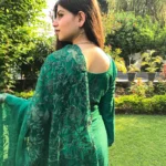 Green Salwar Suit with Jaal Work Organza Dupatta Back View