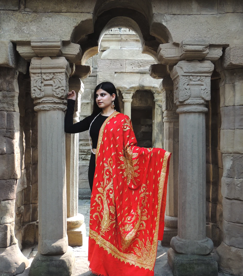 Scarlet Red Pure Pashmina Shawl With Tilla Hand Embroidery