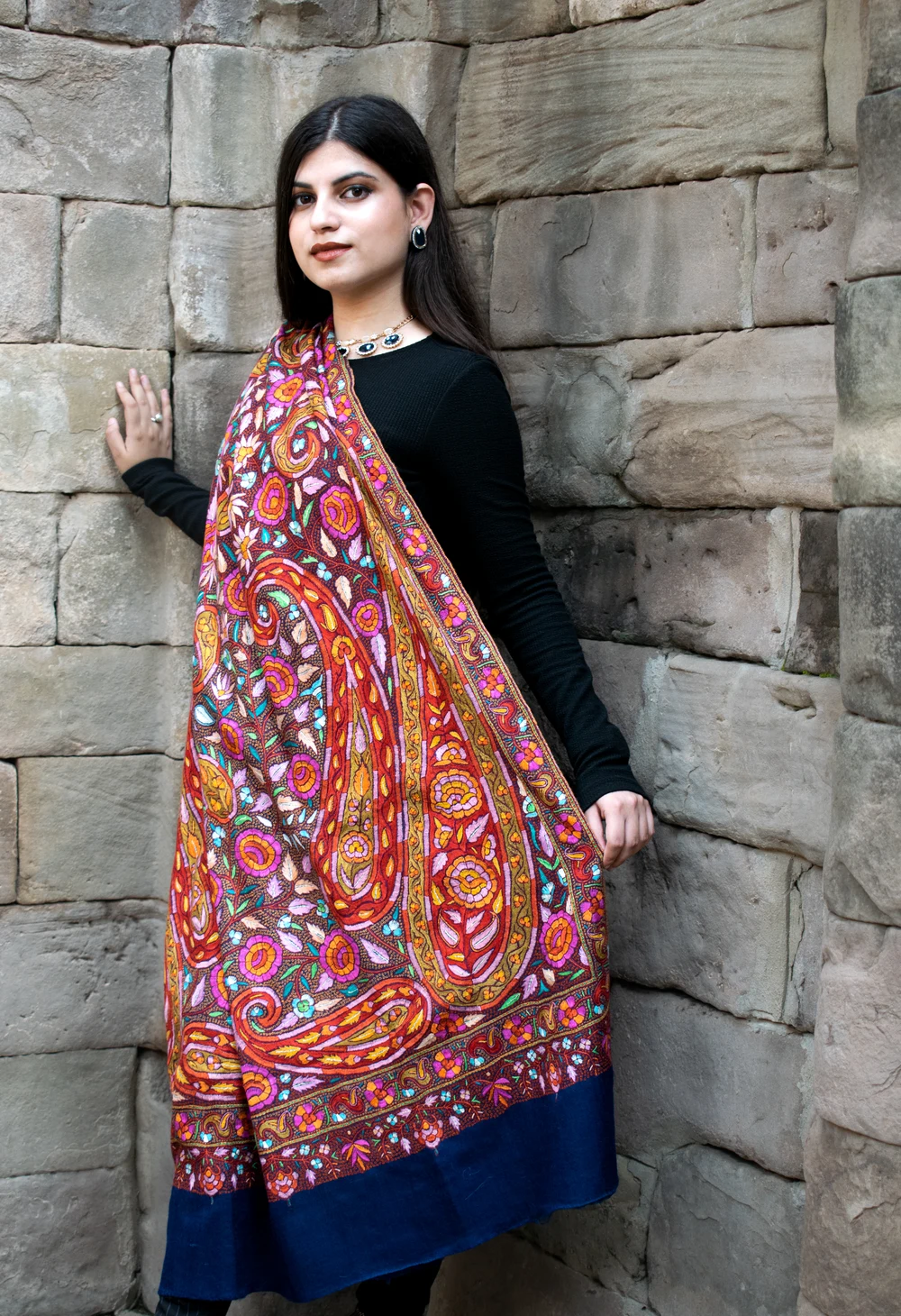 Navy Blue Hand Papier Mache Jamawar Pure Pashmina Shawl Front Navy Blue Hand Papier Mache Jamawar Pure Pashmina Shawl Front