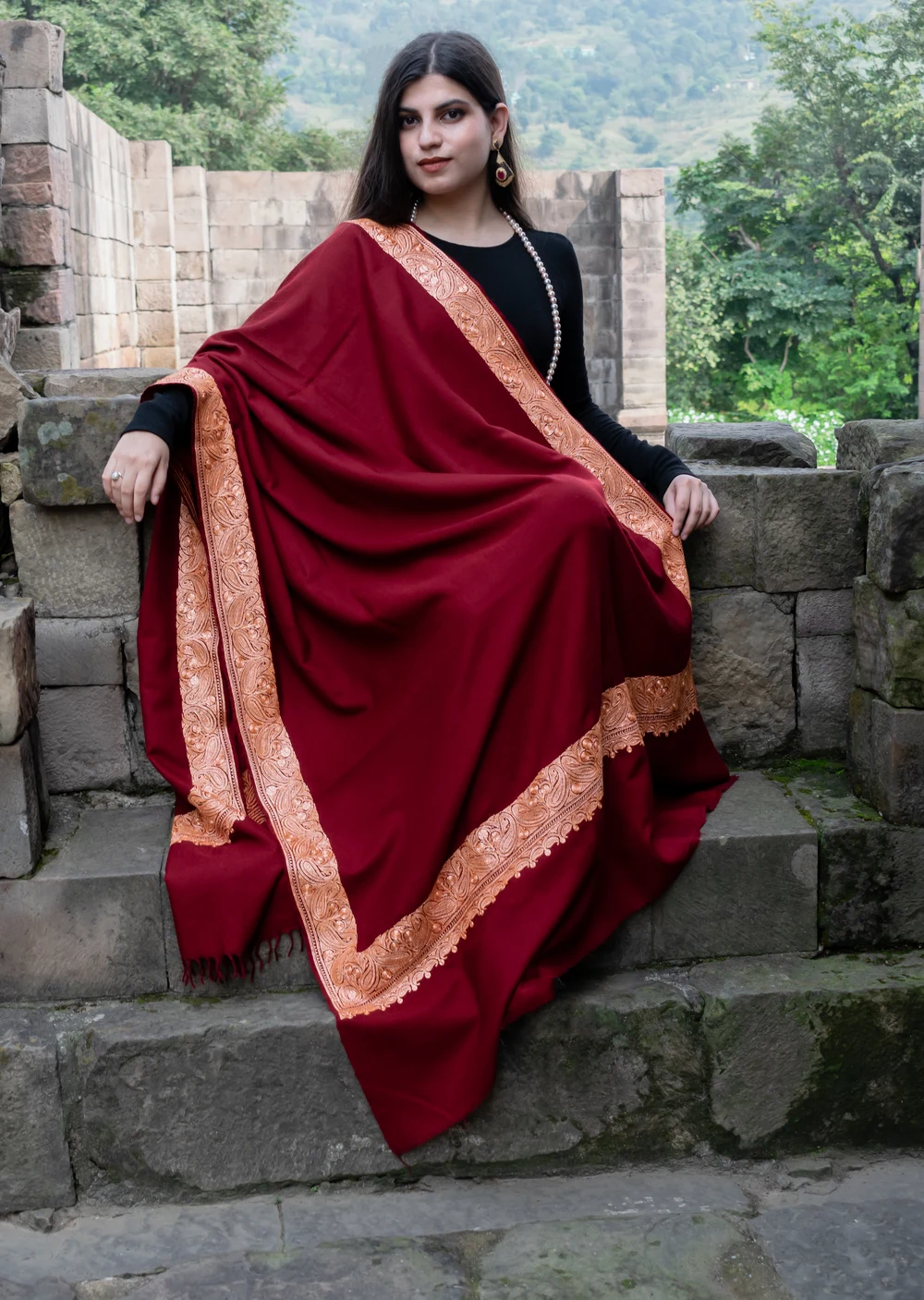 Ruby Maroon Pure Pashmina Shawl With Tilla Hand Embroidery