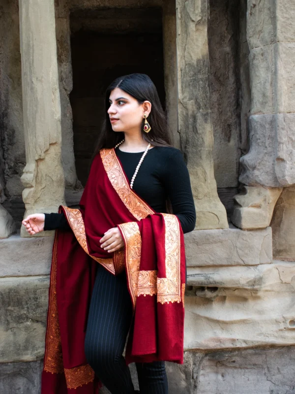 Ruby Maroon Pure Pashmina Shawl With Tilla Hand Embroidery Side