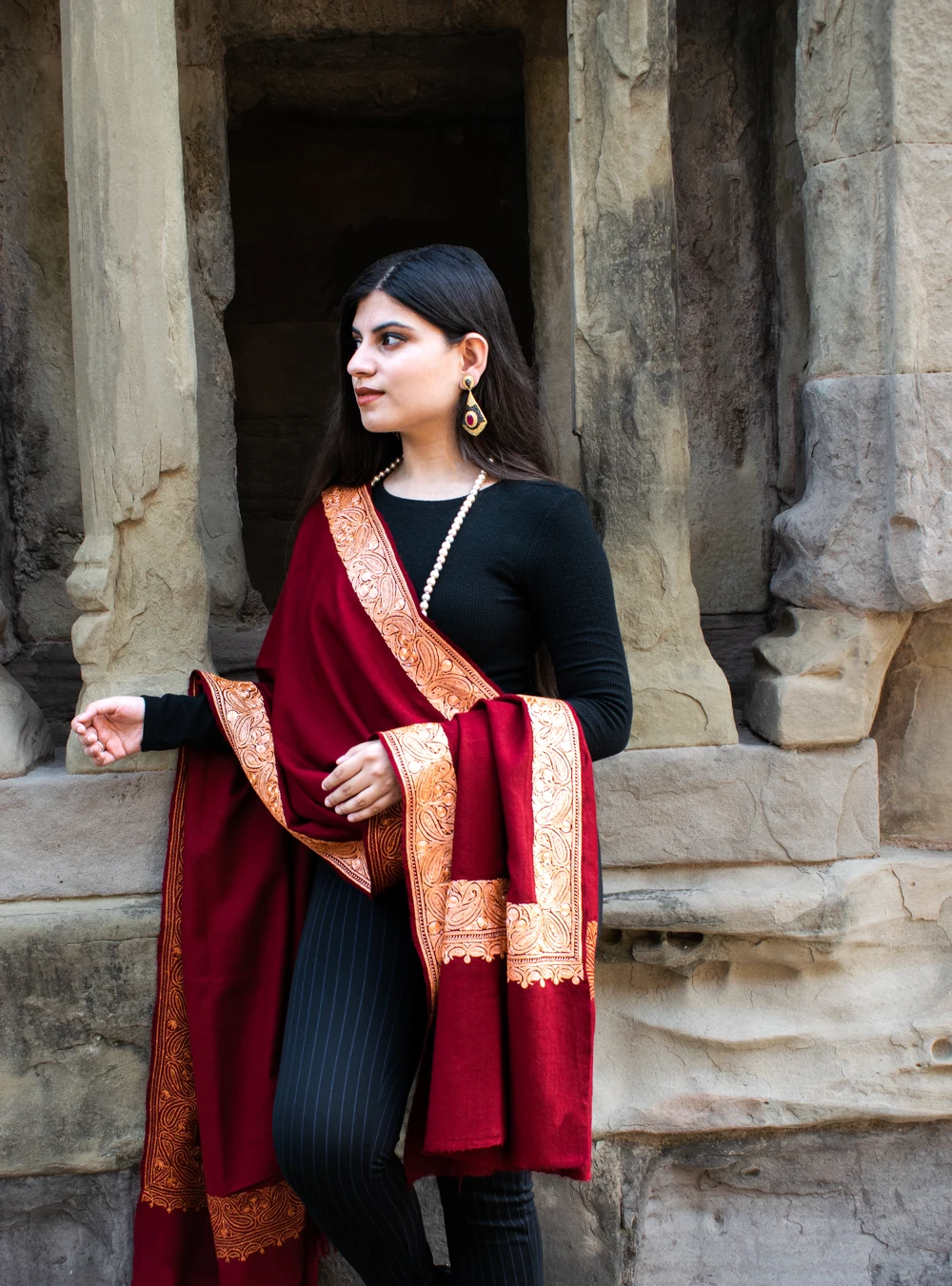 Ruby Maroon Pure Pashmina Shawl With Tilla Hand Embroidery Side