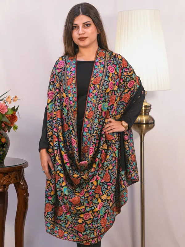 Black Hand Papier Mache Jamawar Pure Pashmina Shawl front