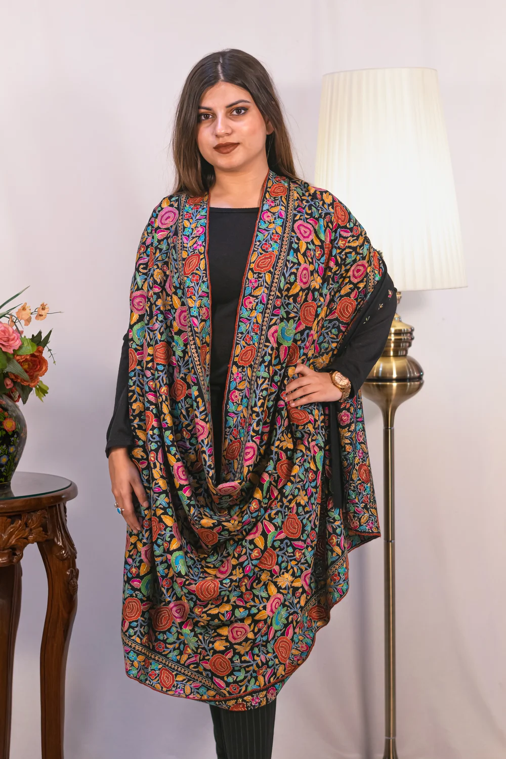 Black Hand Papier Mache Jamawar Pure Pashmina Shawl front