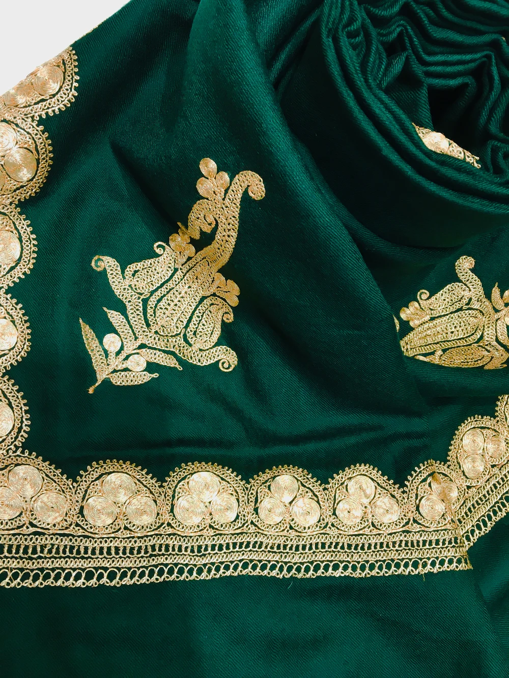 Green Pure Wool Stole with Hand Tilla Embroidery Front Green Pure Wool Stole with Hand Tilla Embroidery Front