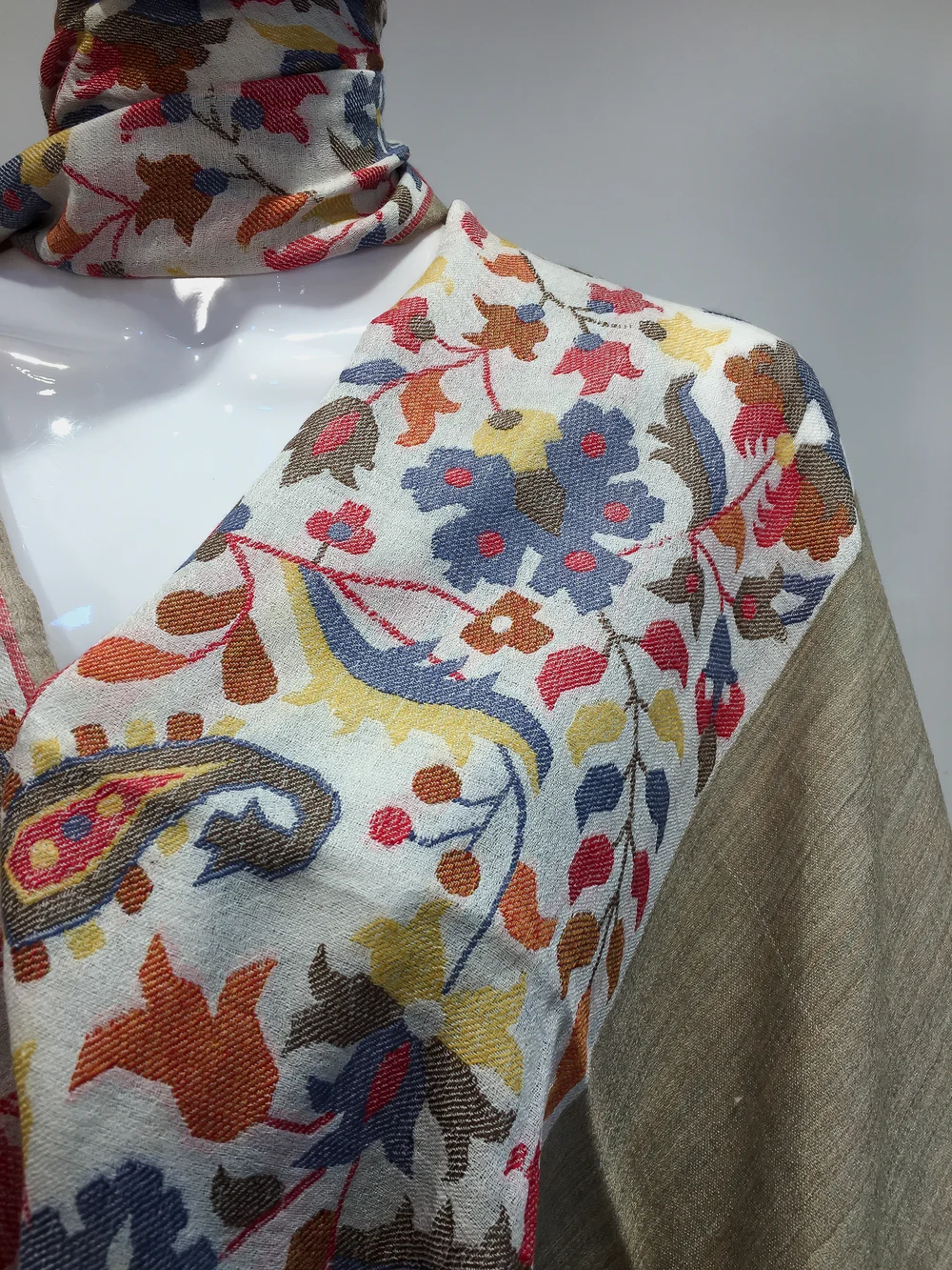 Fawn Pure Wool Shawl with Kani Detailing Front