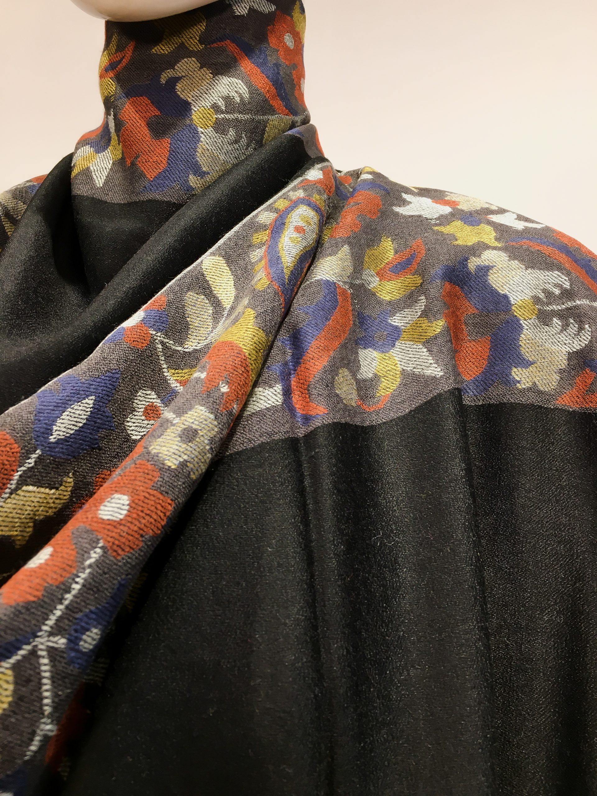 Black Pure Wool Shawl with Kani Detailing Front