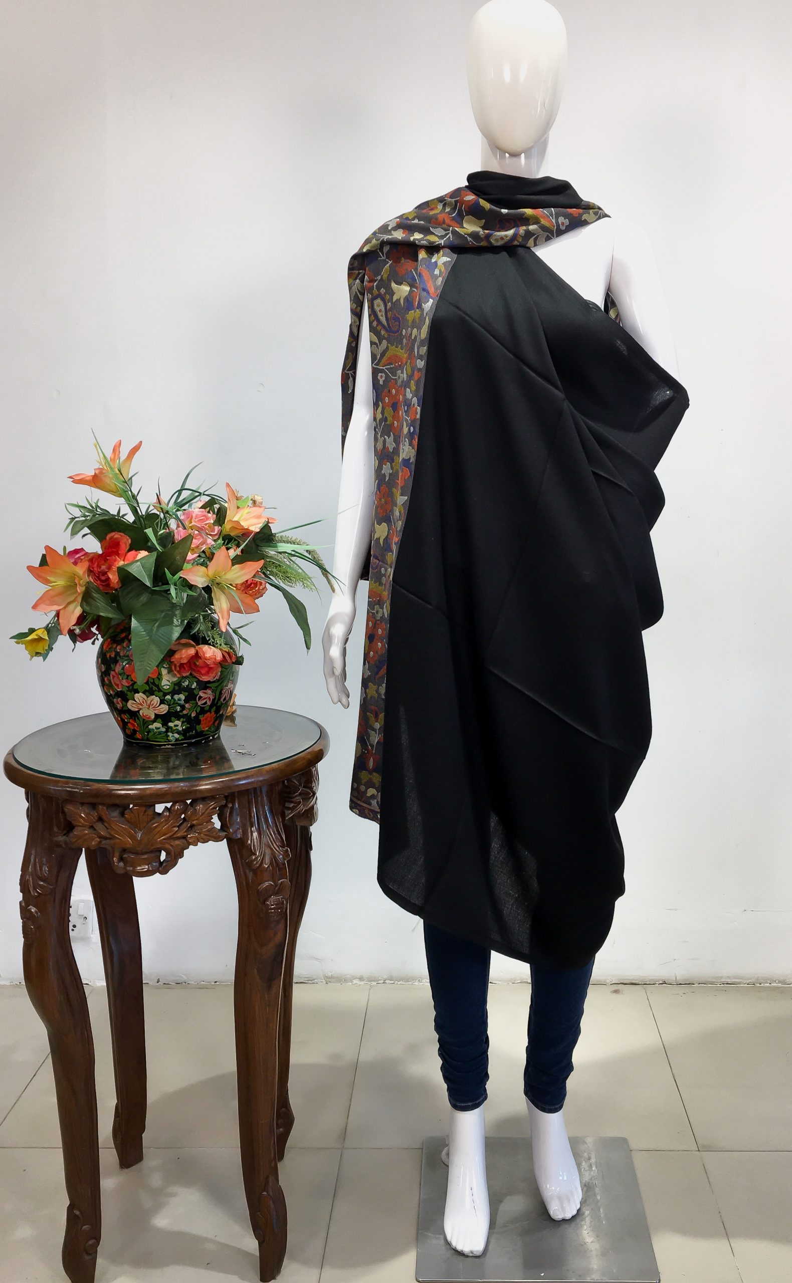Black Pure Wool Shawl with Kani Detailing