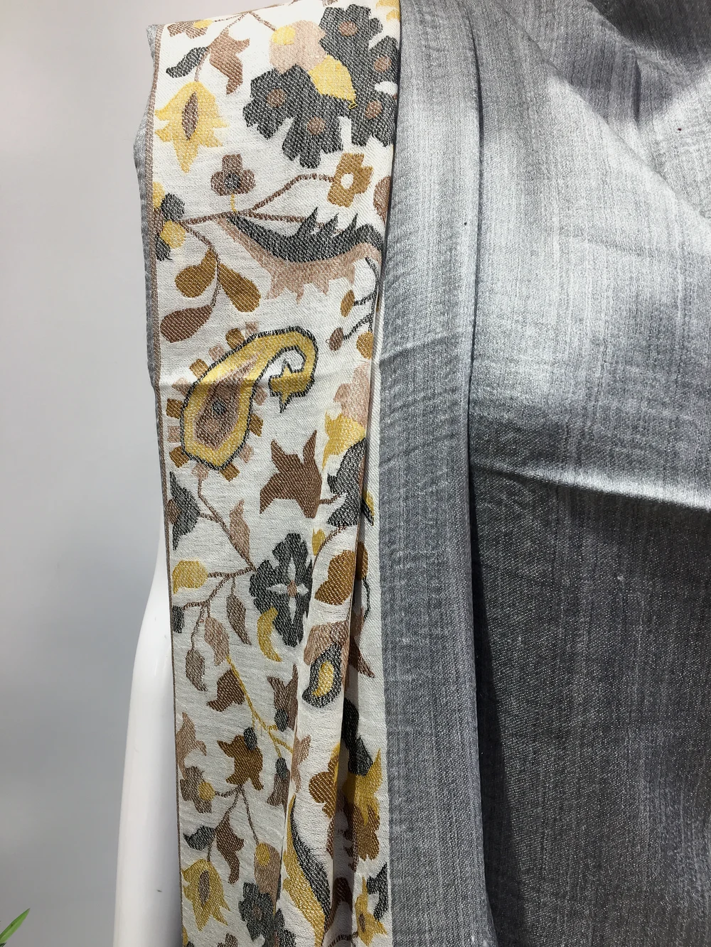 Grey Pure Wool Shawl with Kani Detailing Front Grey Pure Wool Shawl with Kani Detailing Front