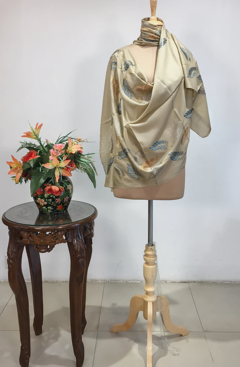 British Tan Beige Pure Wool Stole with Zari Detailing