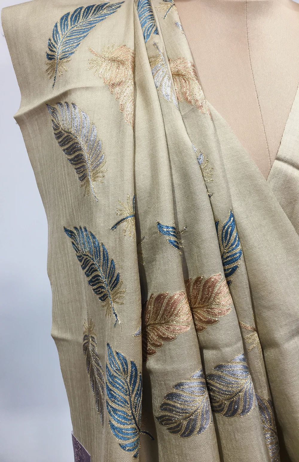 British Tan Beige Pure Wool Stole with Zari Detailing Front