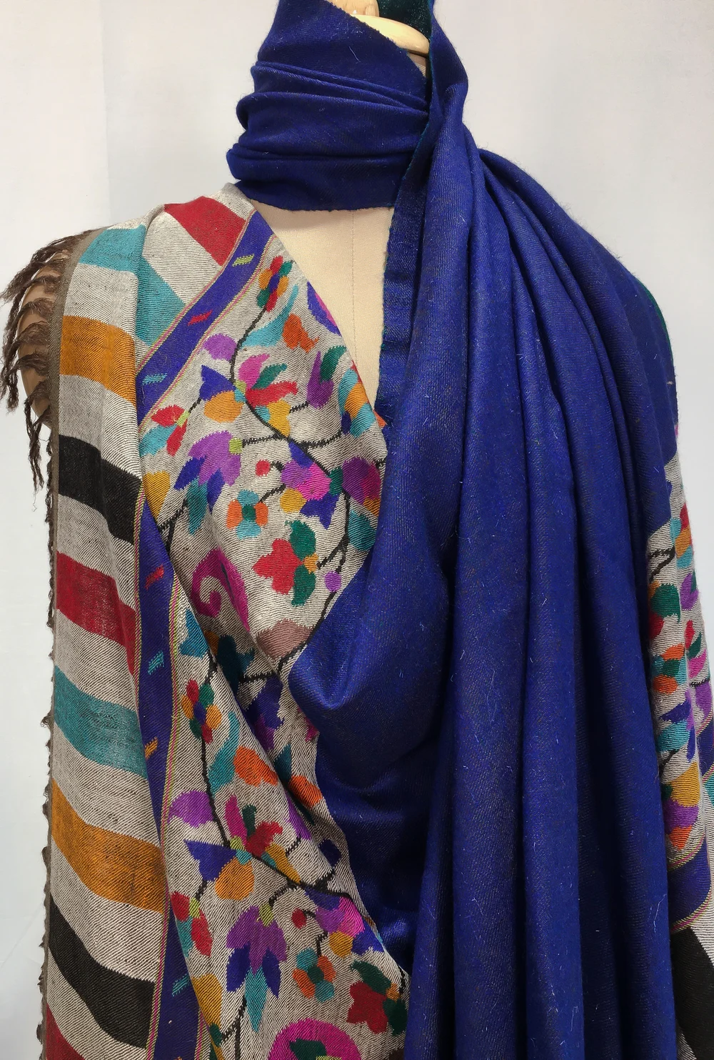 Blue Pure Pashmina Reversible Shawl With Kani Hand Crafted Palla Front Blue Pure Pashmina Reversible Shawl With Kani Hand Crafted Palla Front