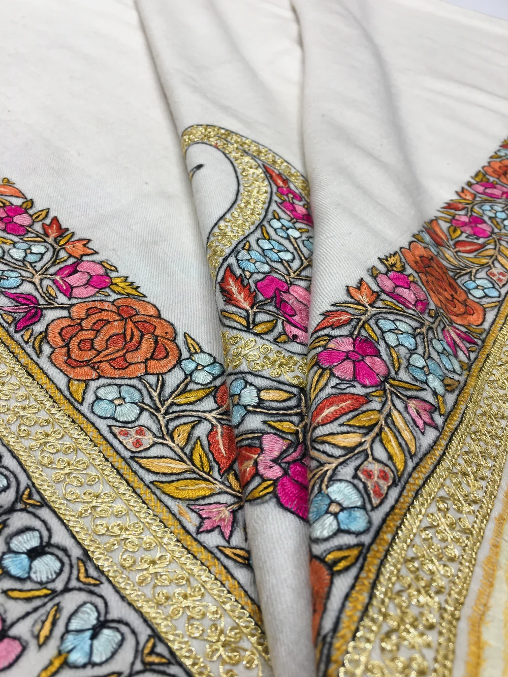 Off-White Pure Pashmina Shawl With Papier Mache And Zari Embroidery Front