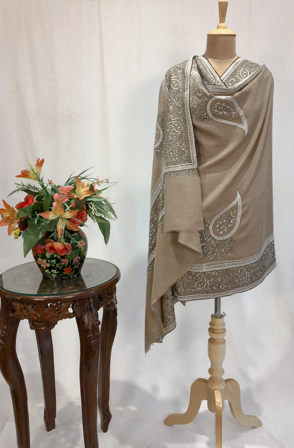 Camel Beige Pure Pashmina Shawl With Tilla And Thread Hand Embroidery