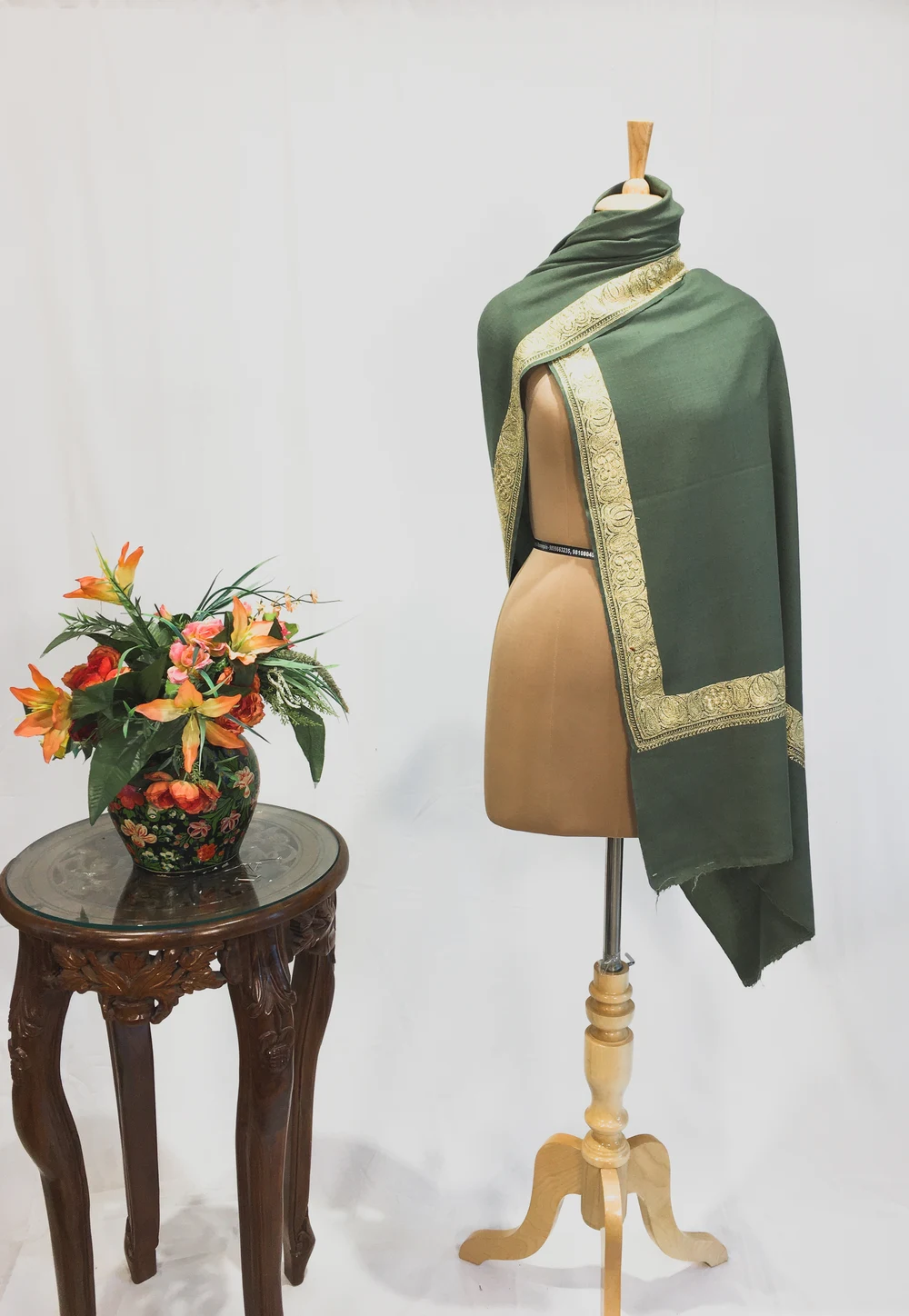 Moss Green Pure Pashmina Shawl With Tilla Hand Embroidery